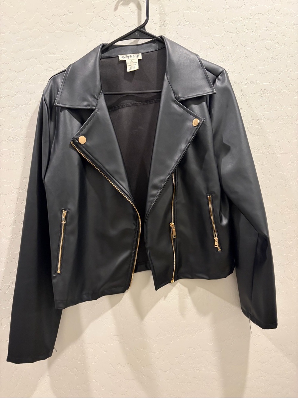 Ashly & Sage Black Faux Leather Moto Biker Jacket Gold Zippers L
